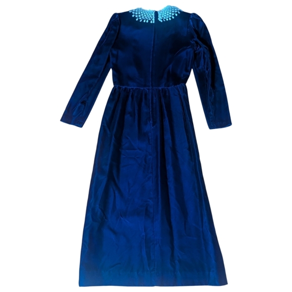 Vtg Lanz Blue Velvet Long Column Midi Dress Removable White Crochet Collar Sz XS - Picture 3 of 11